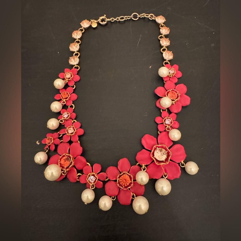 J. Crew Pearl Crystal Floral Necklace Pink Hibiscus Flower Statement